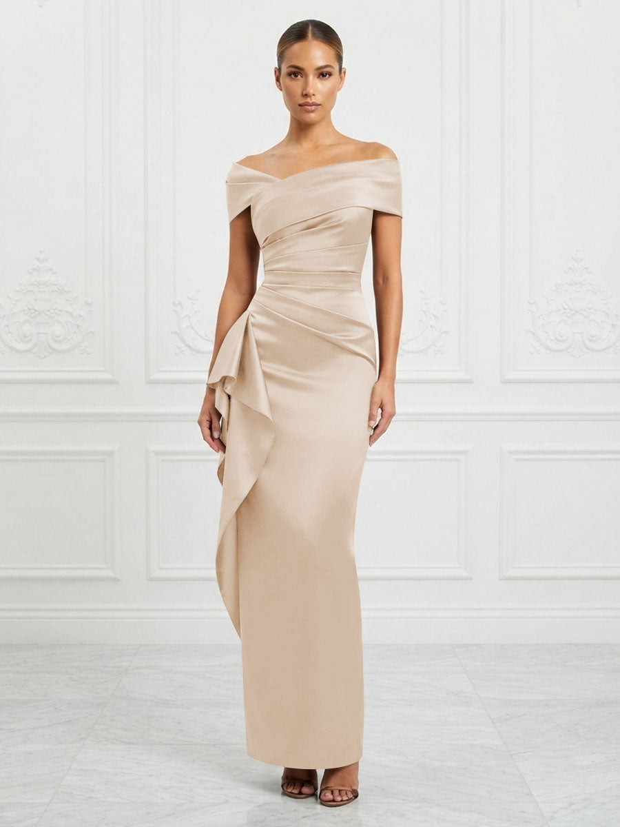 Satin Sheath/Column Off Shoulder Maxi Formal Dresses with Ruffles & Ruched Waist