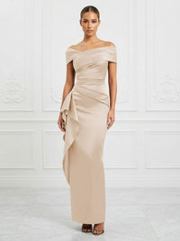 Satin Sheath/Column Off Shoulder Maxi Formal Dresses with Ruffles & Ruched Waist