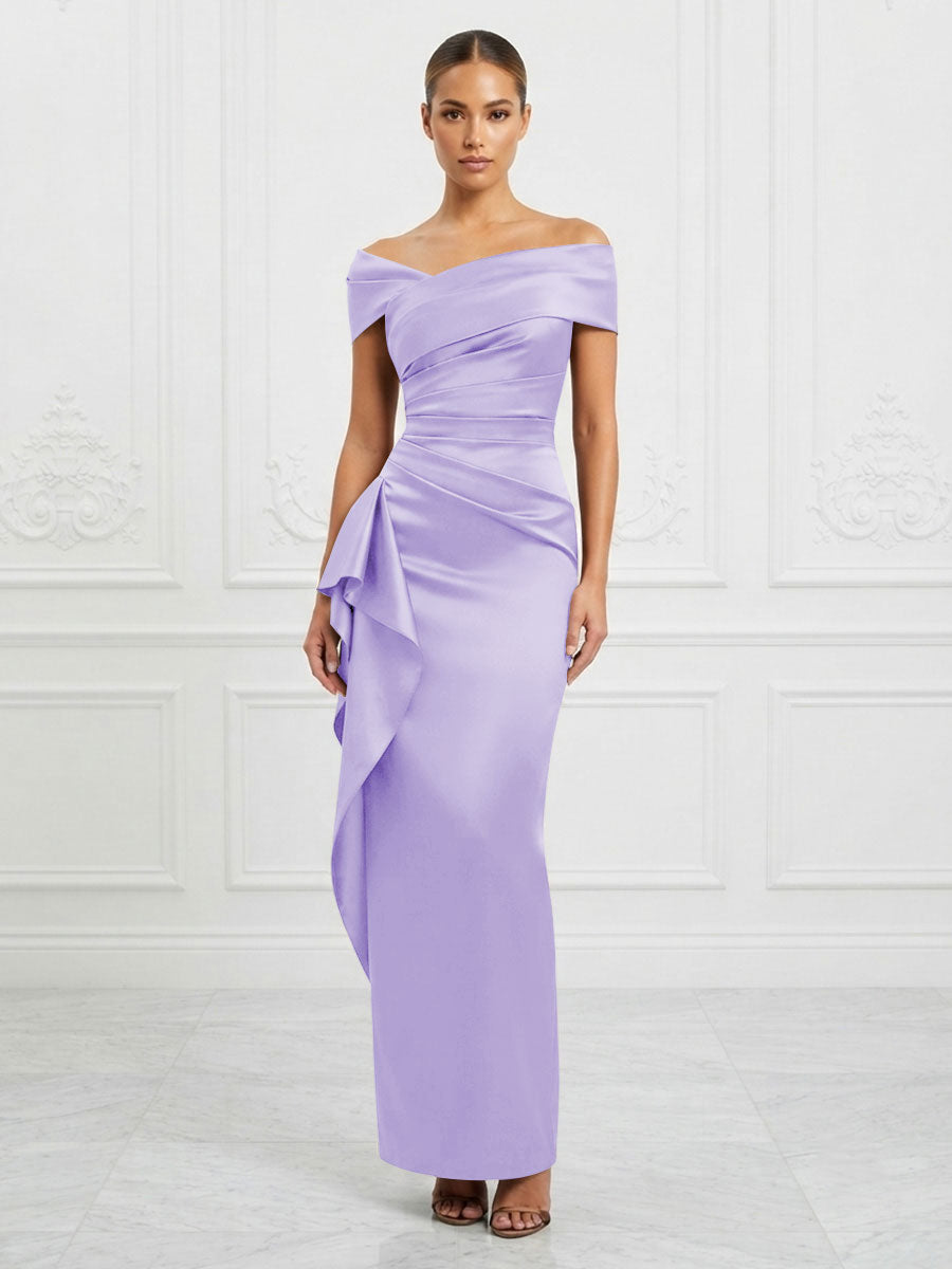 Satin Sheath/Column Off Shoulder Maxi Formal Dresses with Ruffles & Ruched Waist