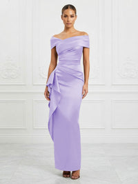 Satin Sheath/Column Off Shoulder Maxi Formal Dresses with Ruffles & Ruched Waist