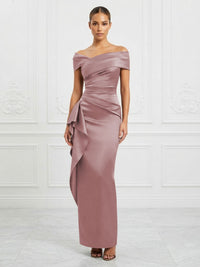 Satin Sheath/Column Off Shoulder Maxi Formal Dresses with Ruffles & Ruched Waist