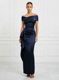 Satin Sheath/Column Off Shoulder Maxi Formal Dresses with Ruffles & Ruched Waist
