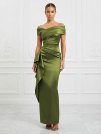 Satin Sheath/Column Off Shoulder Maxi Formal Dresses with Ruffles & Ruched Waist