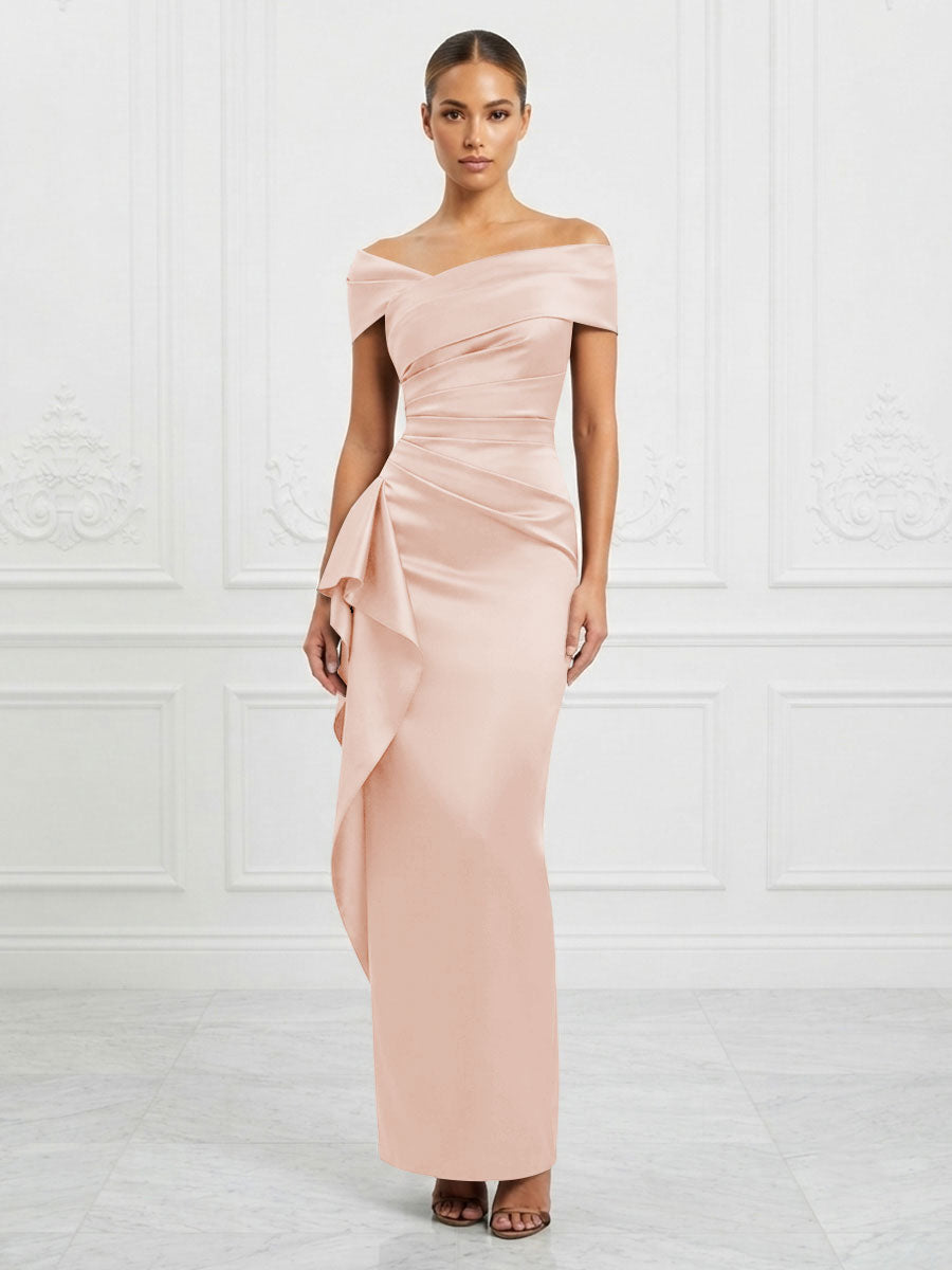 Satin Sheath/Column Off Shoulder Maxi Formal Dresses with Ruffles & Ruched Waist