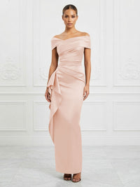 Satin Sheath/Column Off Shoulder Maxi Formal Dresses with Ruffles & Ruched Waist
