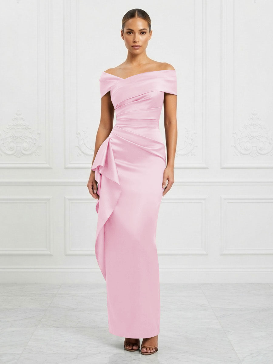 Satin Sheath/Column Off Shoulder Maxi Formal Dresses with Ruffles & Ruched Waist