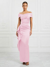 Satin Sheath/Column Off Shoulder Maxi Formal Dresses with Ruffles & Ruched Waist