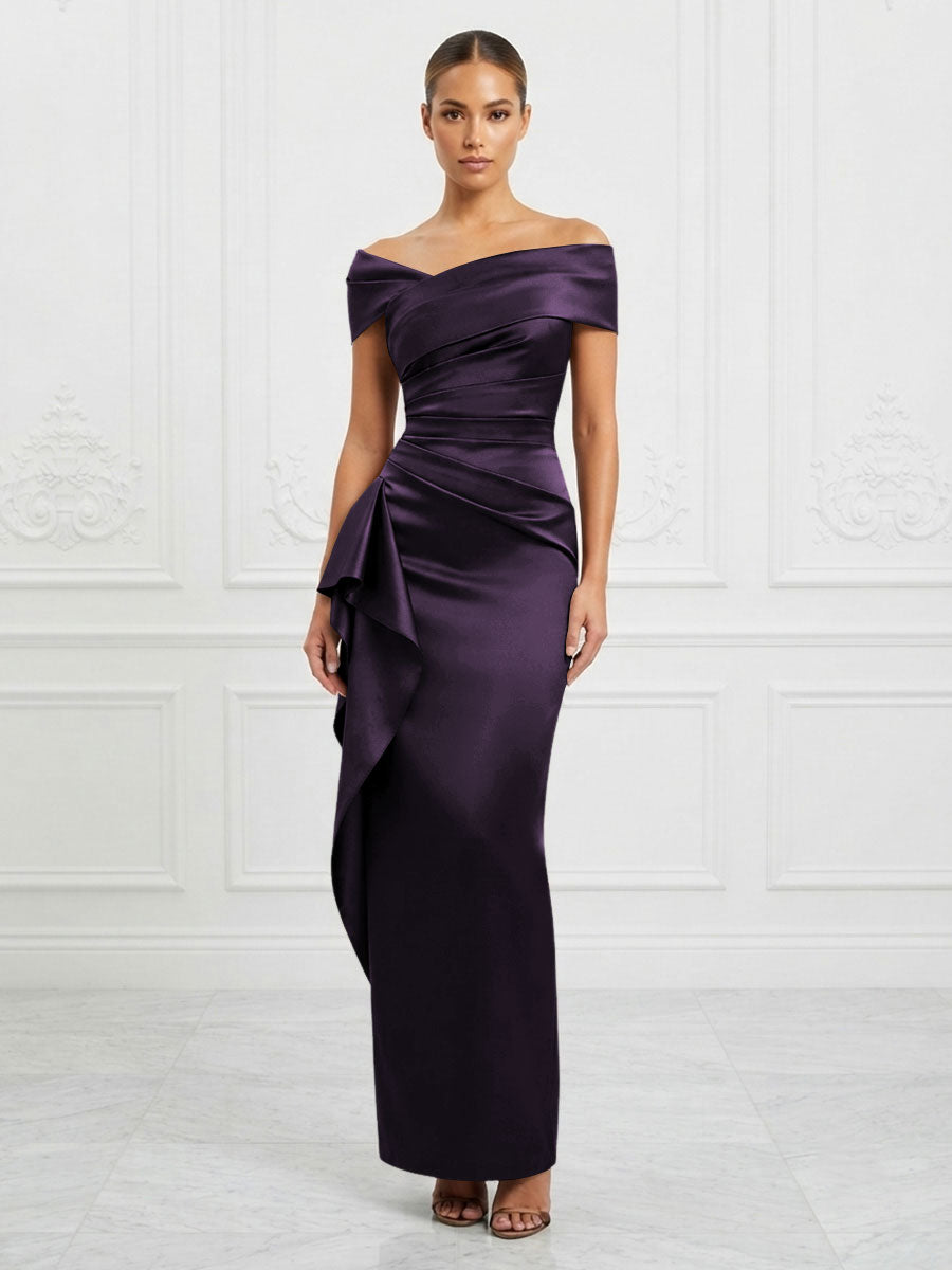 Satin Sheath/Column Off Shoulder Maxi Formal Dresses with Ruffles & Ruched Waist