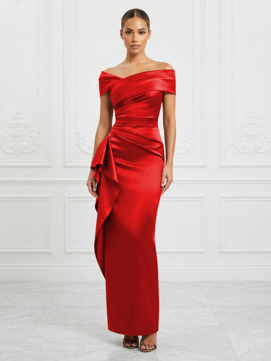 Satin Sheath/Column Off Shoulder Maxi Formal Dresses with Ruffles & Ruched Waist