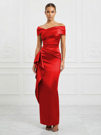 Satin Sheath/Column Off Shoulder Maxi Formal Dresses with Ruffles & Ruched Waist