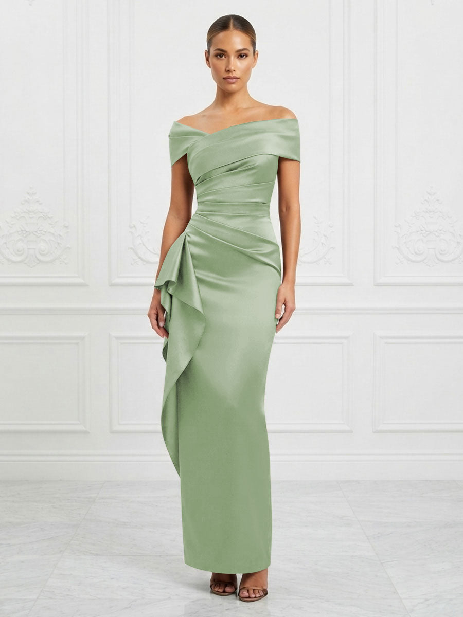 Satin Sheath/Column Off Shoulder Maxi Formal Dresses with Ruffles & Ruched Waist