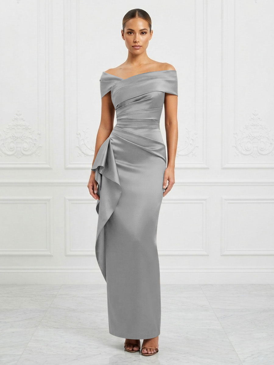 Satin Sheath/Column Off Shoulder Maxi Formal Dresses with Ruffles & Ruched Waist