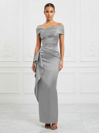 Satin Sheath/Column Off Shoulder Maxi Formal Dresses with Ruffles & Ruched Waist