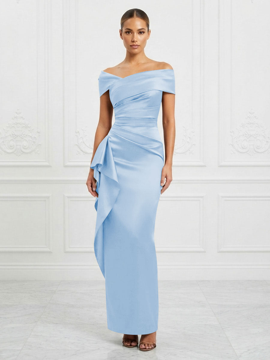 Satin Sheath/Column Off Shoulder Maxi Formal Dresses with Ruffles & Ruched Waist