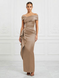 Satin Sheath/Column Off Shoulder Maxi Formal Dresses with Ruffles & Ruched Waist