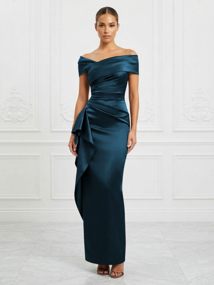 Satin Sheath/Column Off Shoulder Maxi Formal Dresses with Ruffles & Ruched Waist