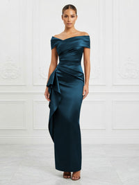 Satin Sheath/Column Off Shoulder Maxi Formal Dresses with Ruffles & Ruched Waist