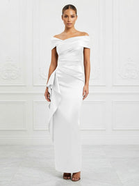 Satin Sheath/Column Off Shoulder Maxi Formal Dresses with Ruffles & Ruched Waist
