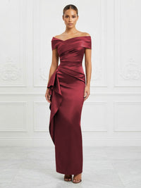 Satin Sheath/Column Off Shoulder Maxi Formal Dresses with Ruffles & Ruched Waist