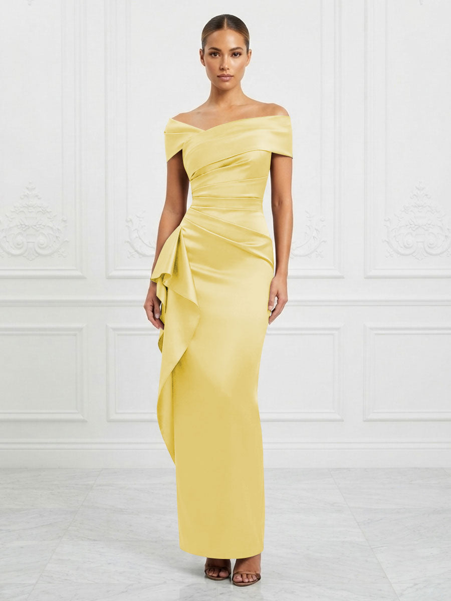 Satin Sheath/Column Off Shoulder Maxi Formal Dresses with Ruffles & Ruched Waist