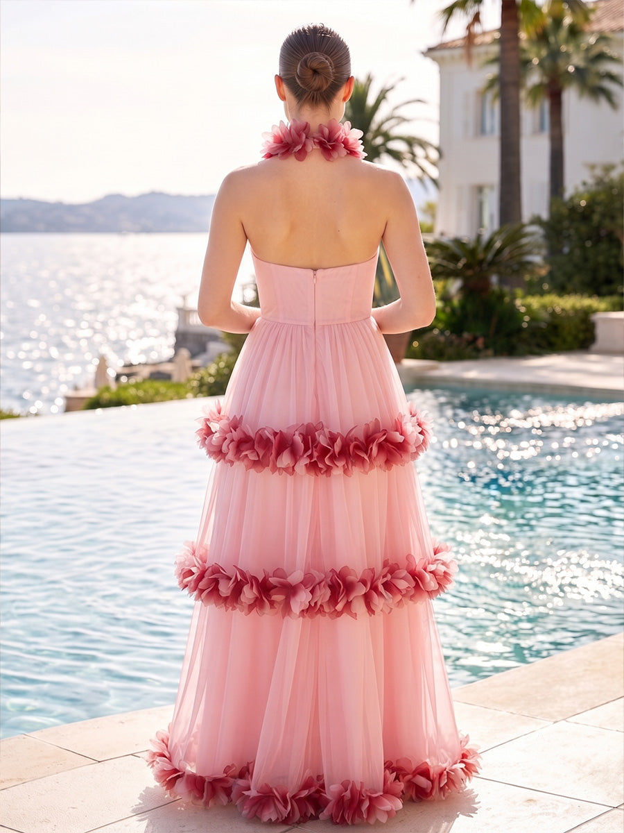 Tulle A-Line/Princess Halter Maxi Formal Dresses with 3D Ombre Floral Trim