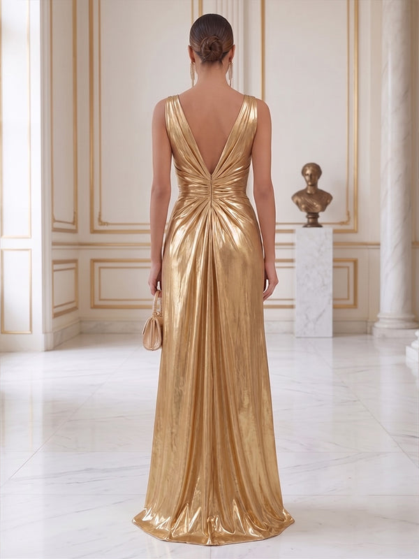 Sheath/Column V-Neck Metallic Satin Maxi Formal Dresses with Ruched Waist & Slit