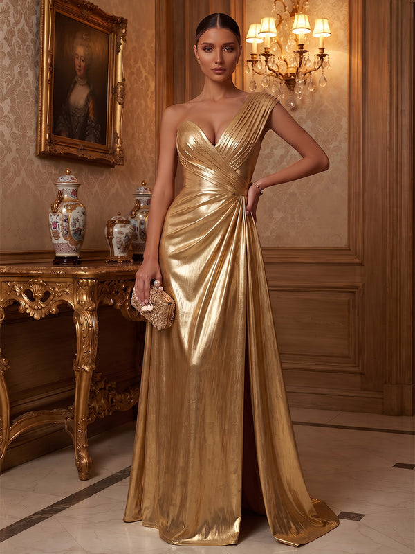 A-Line/Princess One Shoulder Metallic Satin Maxi Formal Dresses with Ruched Waist & Slit