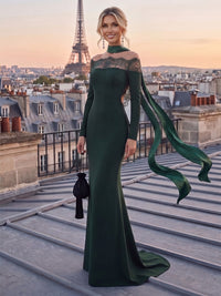 Mermaid/Trumpet Off Shoulder Stretch Jersey Maxi Formal Dresses with Lace & Scarf