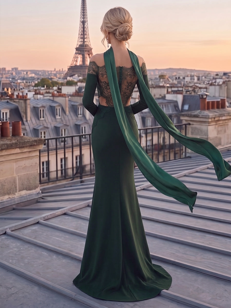 Mermaid/Trumpet Off Shoulder Stretch Jersey Maxi Formal Dresses with Lace & Scarf