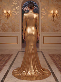 Mermaid/Trumpet High Neck Metallic Satin Maxi Formal Dresses with Ruched Waist & Sweep Train