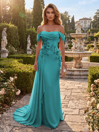 Sheath/Column Off Shoulder Chiffon Maxi Formal Dresses with 3D Flowers & Pleats