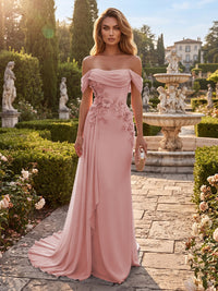 Sheath/Column Off Shoulder Chiffon Maxi Formal Dresses with 3D Flowers & Pleats