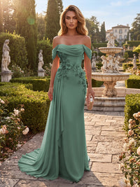 Sheath/Column Off Shoulder Chiffon Maxi Formal Dresses with 3D Flowers & Pleats
