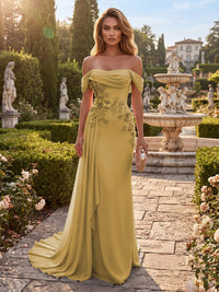 Sheath/Column Off Shoulder Chiffon Maxi Formal Dresses with 3D Flowers & Pleats