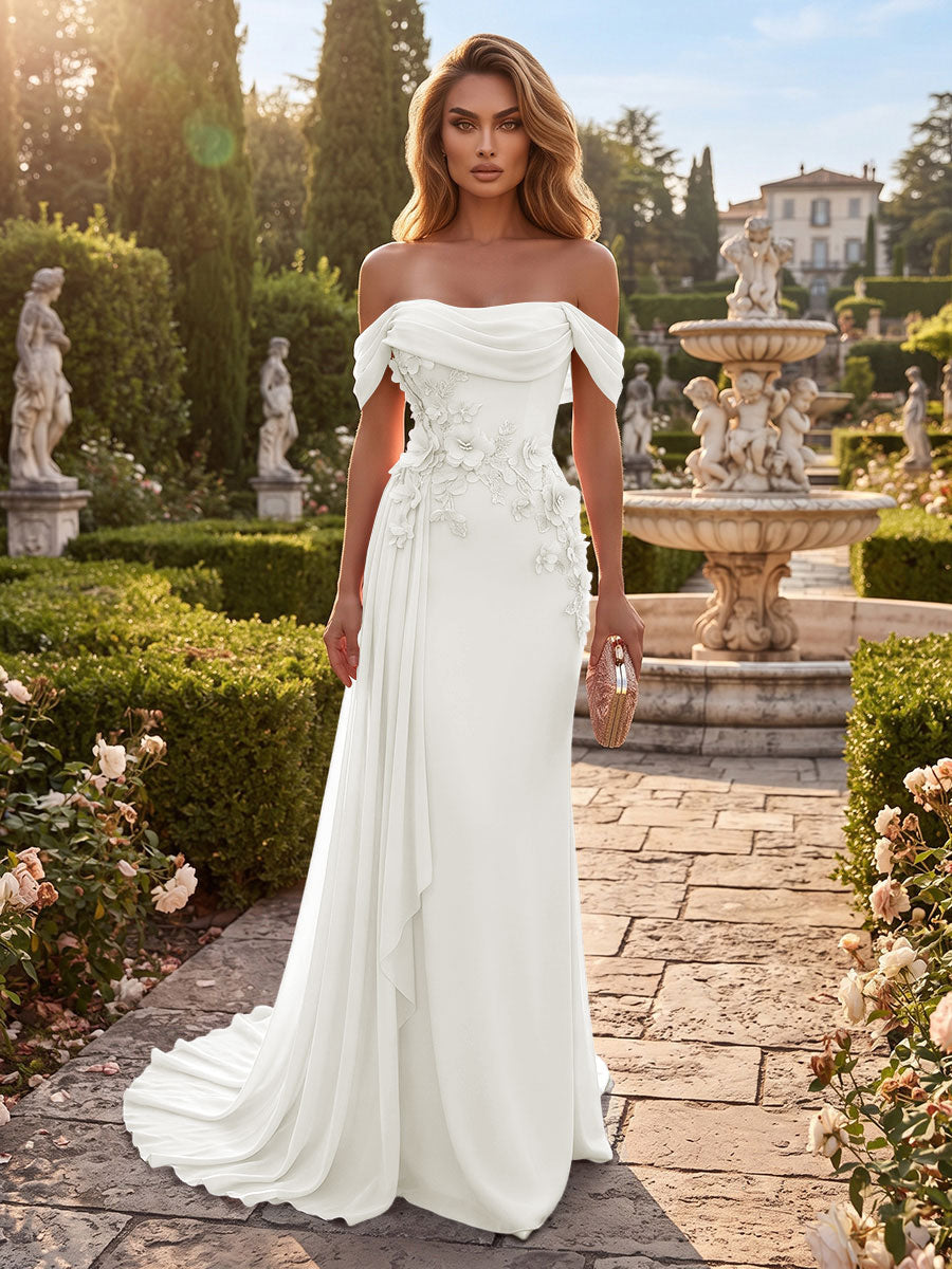 Sheath/Column Off Shoulder Chiffon Maxi Formal Dresses with 3D Flowers & Pleats