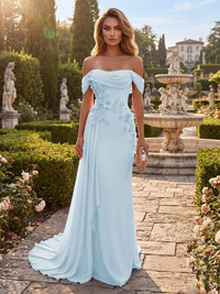 Sheath/Column Off Shoulder Chiffon Maxi Formal Dresses with 3D Flowers & Pleats