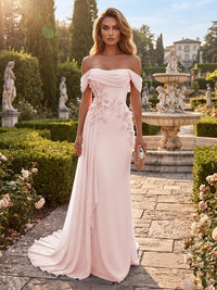 Sheath/Column Off Shoulder Chiffon Maxi Formal Dresses with 3D Flowers & Pleats