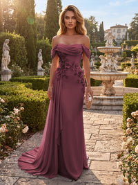 Sheath/Column Off Shoulder Chiffon Maxi Formal Dresses with 3D Flowers & Pleats