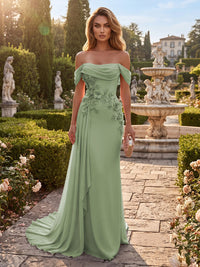 Sheath/Column Off Shoulder Chiffon Maxi Formal Dresses with 3D Flowers & Pleats