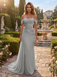 Sheath/Column Off Shoulder Chiffon Maxi Formal Dresses with 3D Flowers & Pleats