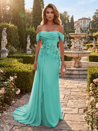 Sheath/Column Off Shoulder Chiffon Maxi Formal Dresses with 3D Flowers & Pleats