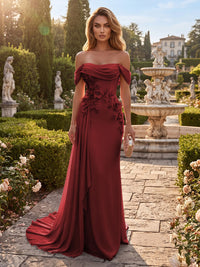 Sheath/Column Off Shoulder Chiffon Maxi Formal Dresses with 3D Flowers & Pleats