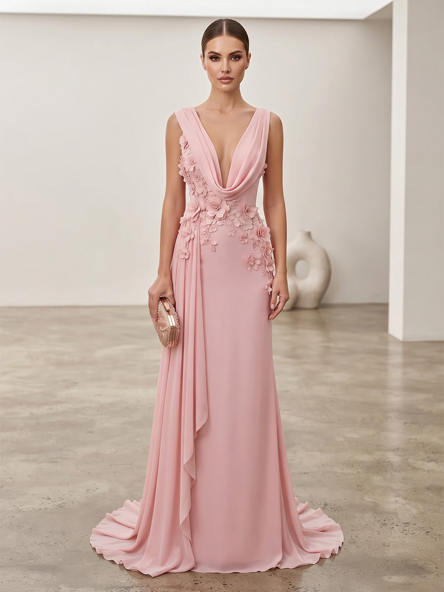 Sheath/Column Cowl Neck Chiffon Maxi Formal Dresses with 3D Flowers & Pleats