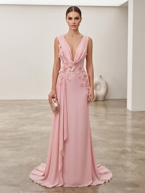 Sheath/Column Cowl Neck Chiffon Maxi Formal Dresses with 3D Flowers & Pleats