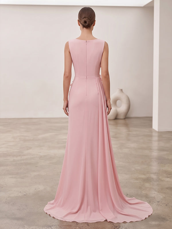 Sheath/Column Cowl Neck Chiffon Maxi Formal Dresses with 3D Flowers & Pleats