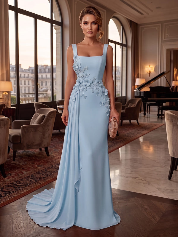 Sheath/Column Square Neck Chiffon Maxi Formal Dresses with 3D Flowers & Pleats