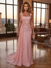 Sheath/Column Square Neck Chiffon Maxi Formal Dresses with 3D Flowers & Pleats