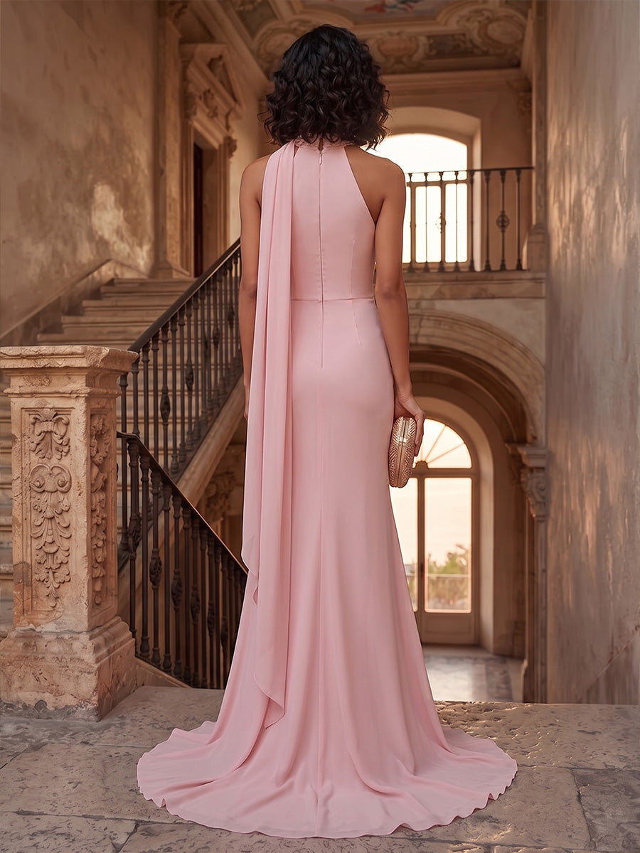 Sheath/Column Halter Chiffon Maxi Formal Dresses with 3D Flowers & Sweep Train