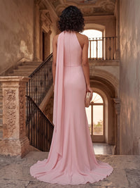 Sheath/Column Halter Chiffon Maxi Formal Dresses with 3D Flowers & Sweep Train