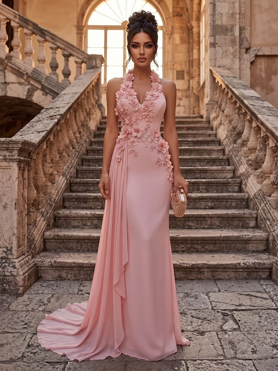 Sheath/Column Halter Chiffon Maxi Formal Dresses with 3D Flowers & Pleats